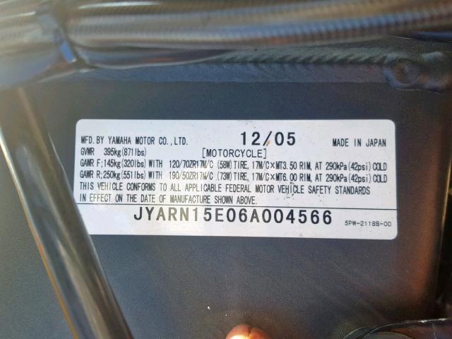 JYARN15E06A004566 - 2006 YAMAHA YZFR1 YELLOW photo 10