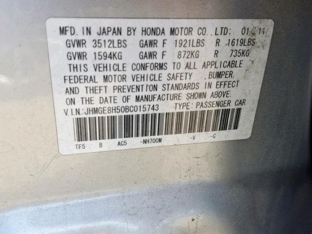 JHMGE8H50BC015743 - 2011 HONDA FIT SPORT SILVER photo 10