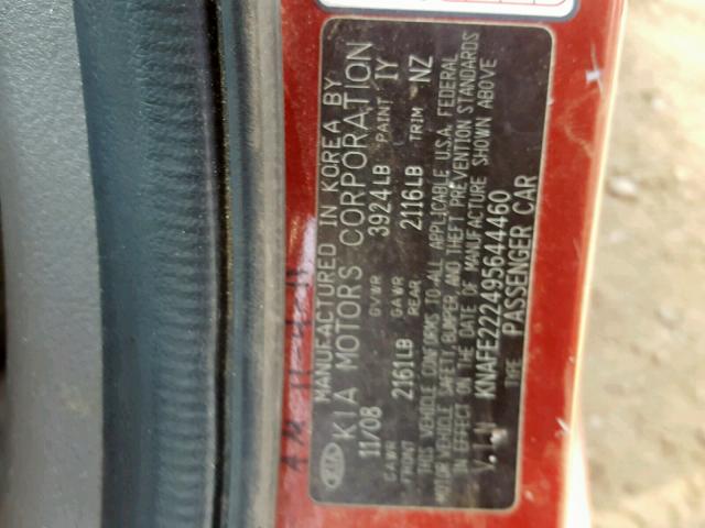 KNAFE222495644460 - 2009 KIA SPECTRA EX RED photo 10