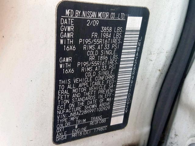 JN8AZ28R99T100929 - 2009 NISSAN CUBE BASE WHITE photo 10