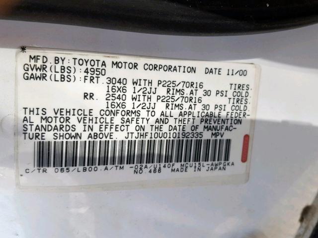 JTJHF10U010192335 - 2001 LEXUS RX 300 WHITE photo 10