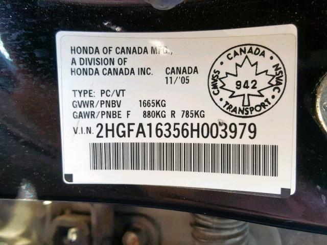 2HGFA16356H003979 - 2006 HONDA CIVIC DX V BLACK photo 10