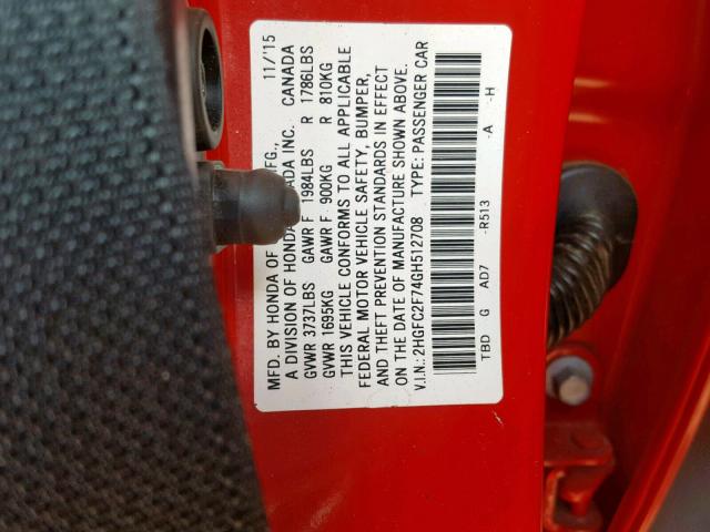 2HGFC2F74GH512708 - 2016 HONDA CIVIC EX RED photo 10