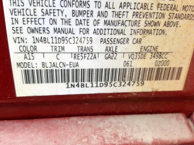 1N4BL11D95C324759 - 2005 NISSAN ALTIMA SE RED photo 10