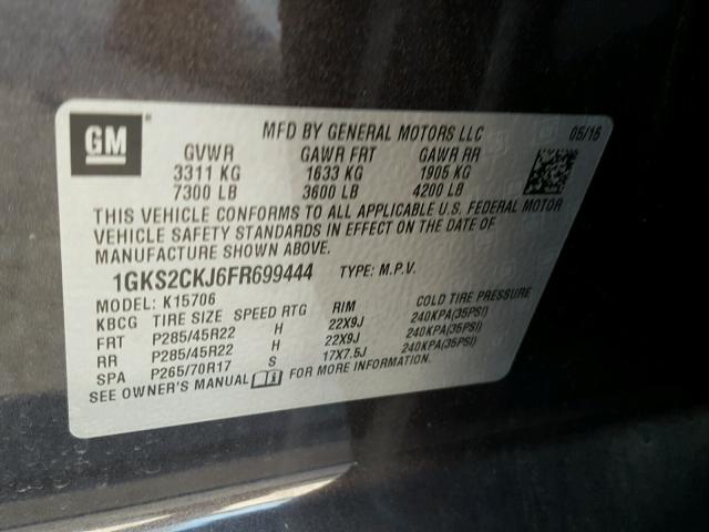 1GKS2CKJ6FR699444 - 2015 GMC YUKON DENA BLACK photo 10