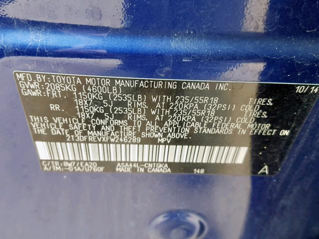 2T3DFREVXFW246289 - 2015 TOYOTA RAV4 LIMIT BLUE photo 10