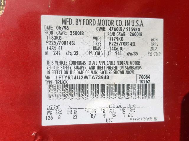 1FTYR14U2WTA73843 - 1998 FORD RANGER SUP RED photo 10