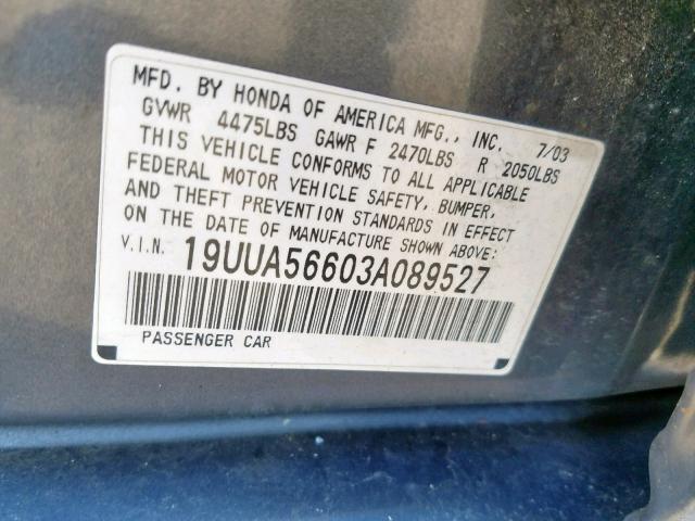 19UUA56603A089527 - 2003 ACURA 3.2TL GRAY photo 10