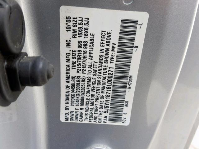 5J6YH18716L000271 - 2006 HONDA ELEMENT EX GRAY photo 10