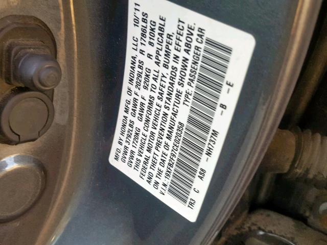 19XFB2F97CE020358 - 2012 HONDA CIVIC EXL GRAY photo 10