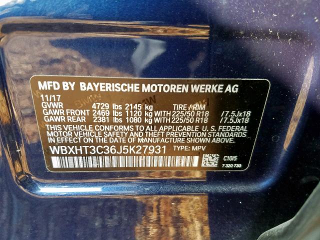 WBXHT3C36J5K27931 - 2018 BMW X1 XDRIVE2 BLUE photo 10