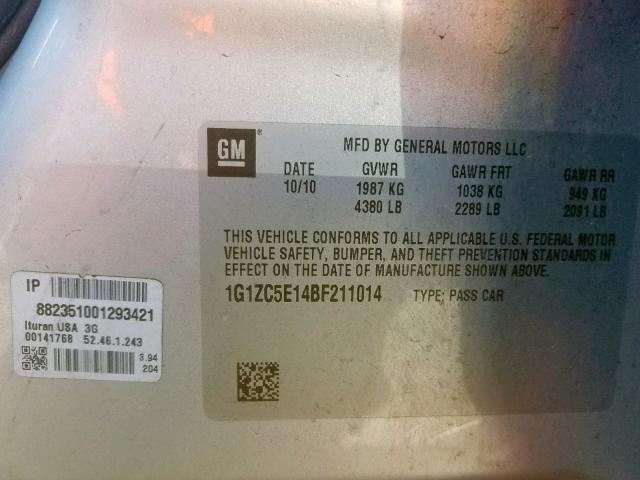 1G1ZC5E14BF211014 - 2011 CHEVROLET MALIBU 1LT 银色 照片 10