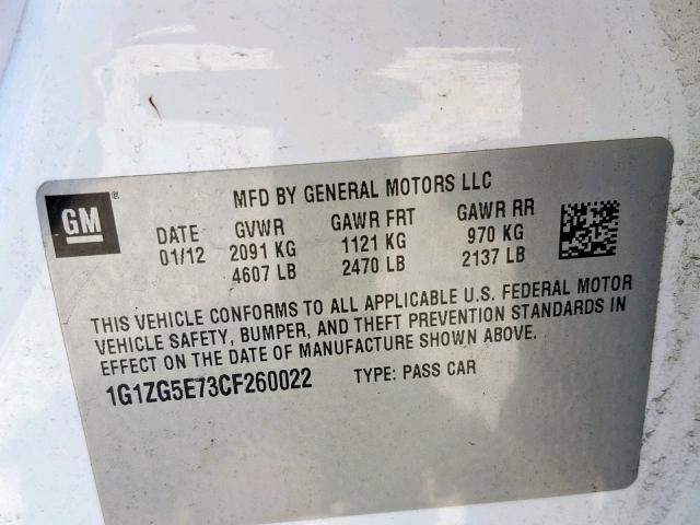 1G1ZG5E73CF260022 - 2012 CHEVROLET MALIBU LTZ თეთრი ფოტო 10