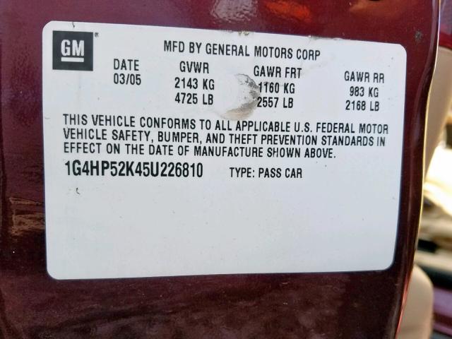 1G4HP52K45U226810 - 2005 BUICK LESABRE CU BURGUNDY photo 10