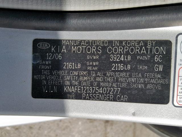 KNAFE121375407277 - 2007 KIA SPECTRA EX SILVER photo 10