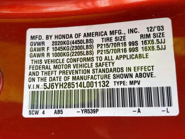 5J6YH28514L001132 - 2004 HONDA ELEMENT EX ORANGE photo 10