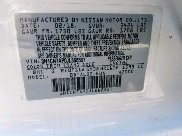 3N1CN7AP0JL868557 - 2018 NISSAN VERSA S WHITE photo 10