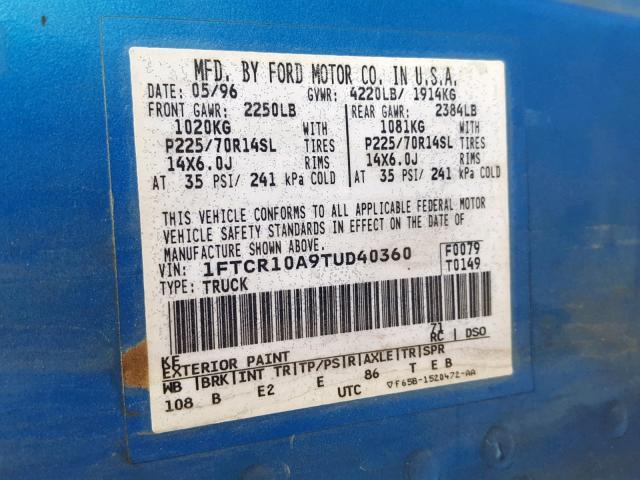 1FTCR10A9TUD40360 - 1996 FORD RANGER BLUE photo 10