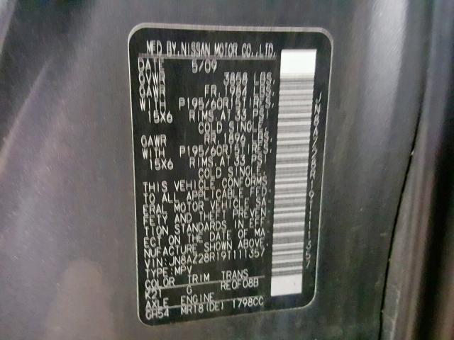 JN8AZ28R19T111357 - 2009 NISSAN CUBE BASE GRAY photo 10