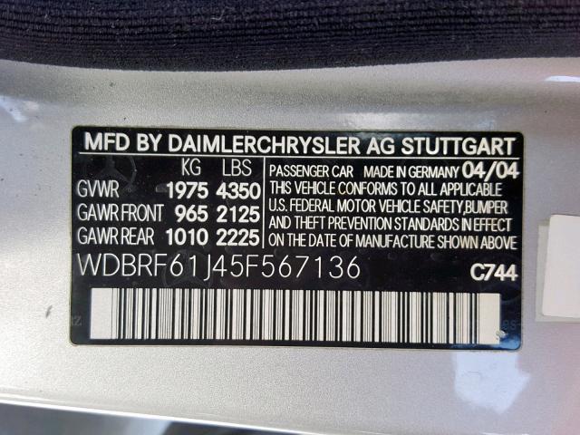 WDBRF61J45F567136 - 2005 MERCEDES-BENZ C 240 SILVER photo 10