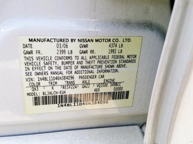 1N4BL11D46N384096 - 2006 NISSAN ALTIMA SE WHITE photo 10