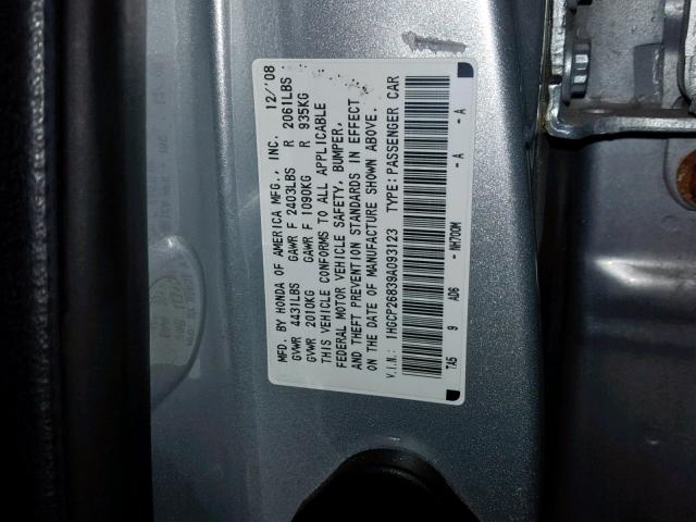 1HGCP26839A093123 - 2009 HONDA ACCORD EXL SILVER photo 10