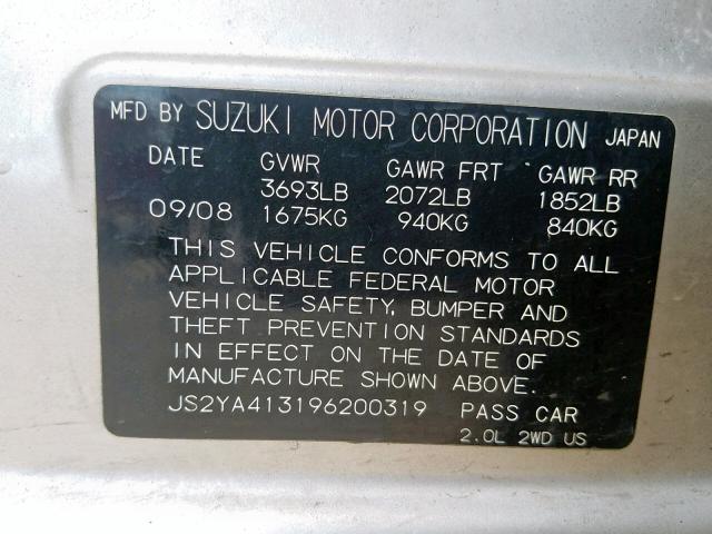 JS2YA413196200319 - 2009 SUZUKI SX4 TECHNO SILVER photo 10