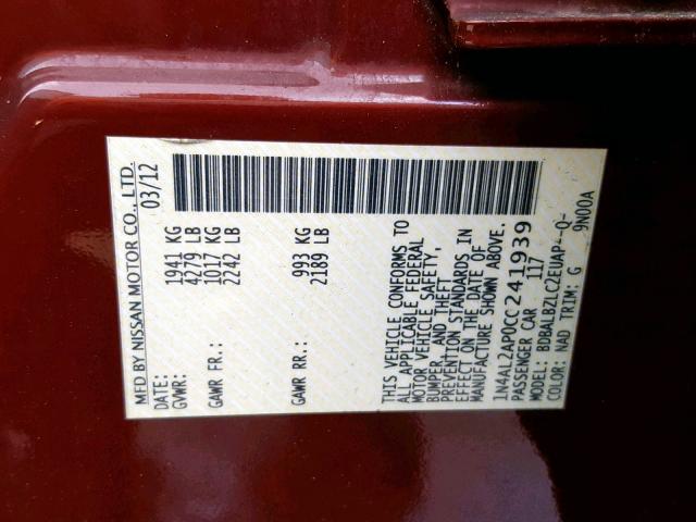 1N4AL2AP0CC241939 - 2012 NISSAN ALTIMA BAS BURGUNDY photo 10