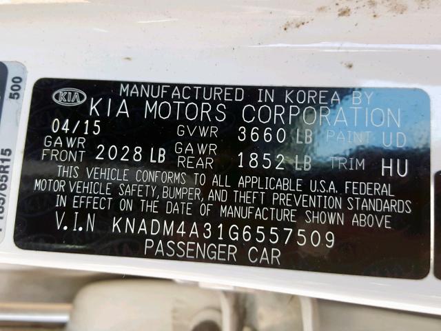 KNADM4A31G6557509 - 2016 KIA RIO LX WHITE photo 10