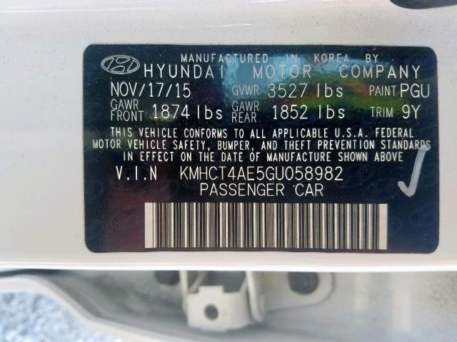 KMHCT4AE5GU058982 - 2016 HYUNDAI ACCENT SE WHITE photo 10