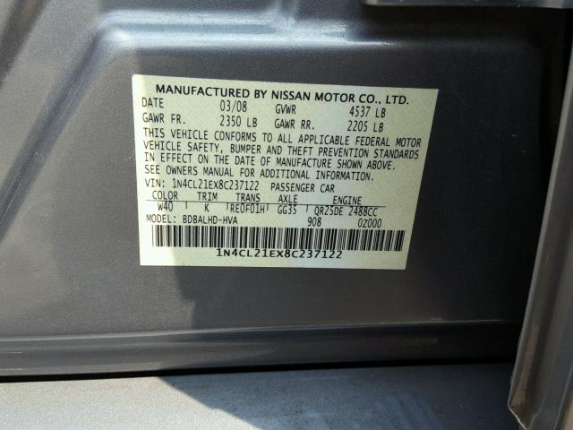 1N4CL21EX8C237122 - 2008 NISSAN ALTIMA HYB GRAY photo 10