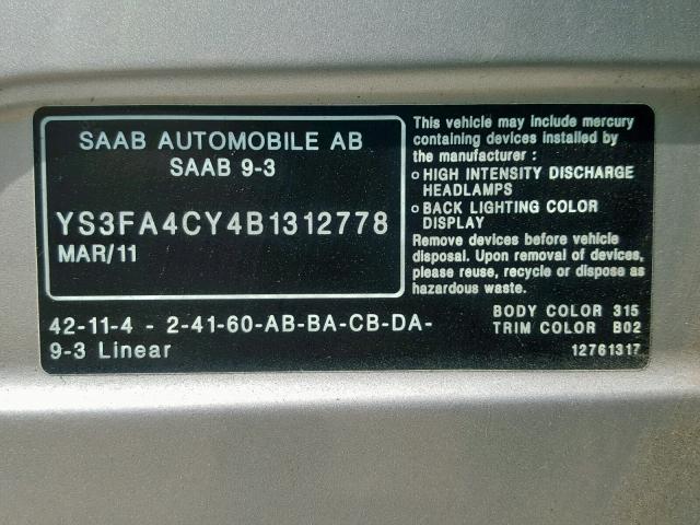 YS3FA4CY4B1312778 - 2011 SAAB 9-3 2.0T SILVER photo 10