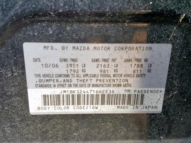 JM1BK324471662236 - 2007 MAZDA 3 S BLACK photo 10