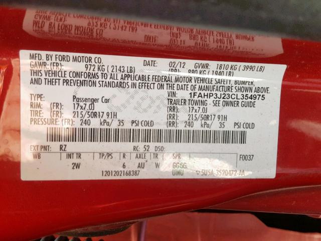 1FAHP3J23CL354975 - 2012 FORD FOCUS TITA RED photo 10