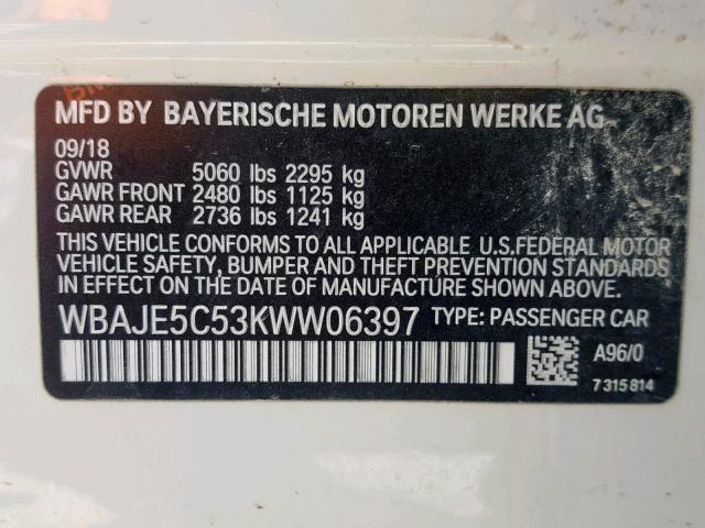 WBAJE5C53KWW06397 - 2019 BMW 540 I WHITE photo 10