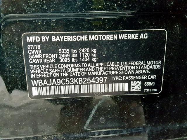 WBAJA9C53KB254397 - 2019 BMW 530E BLACK photo 10