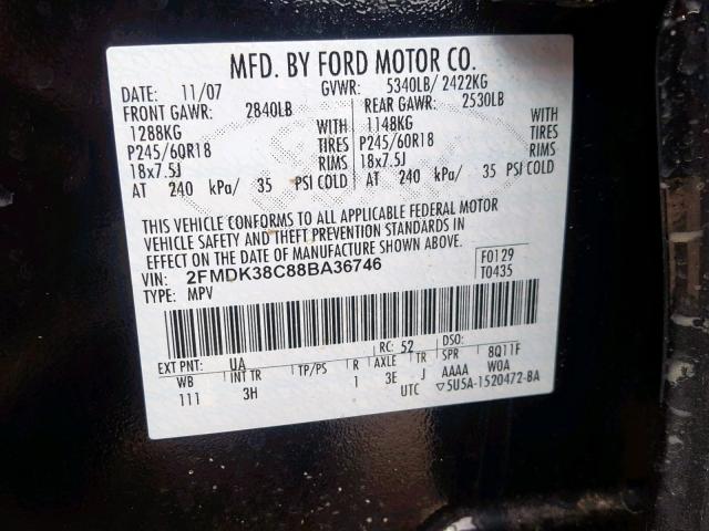 2FMDK38C88BA36746 - 2008 FORD EDGE SEL BLACK photo 10