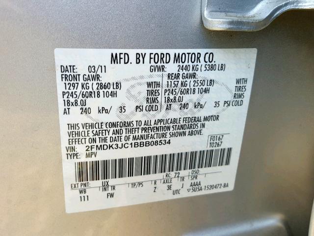 2FMDK3JC1BBB08534 - 2011 FORD EDGE SEL SILVER photo 10