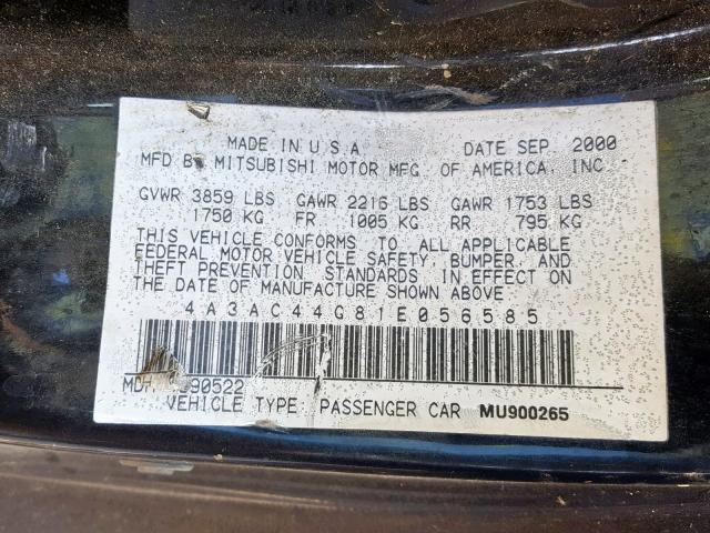 4A3AC44G81E056585 - 2001 MITSUBISHI ECLIPSE GS BLACK photo 10