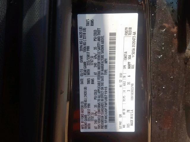 1FMCU0F79FUB71915 - 2015 FORD ESCAPE S BLACK photo 10