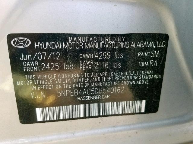 5NPEB4AC5DH540162 - 2013 HYUNDAI SONATA GLS SILVER photo 10