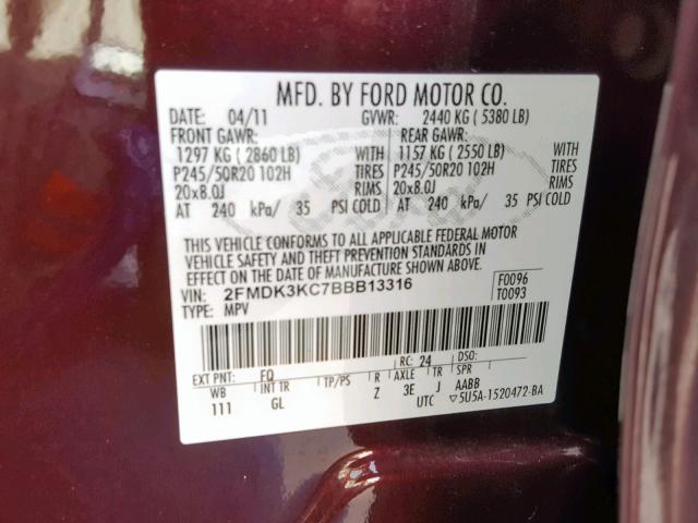 2FMDK3KC7BBB13316 - 2011 FORD EDGE LIMIT RED photo 10