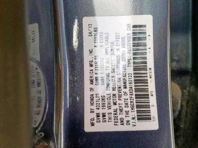 1HGCR2F8XDA180133 - 2013 HONDA ACCORD EXL CHARCOAL photo 10