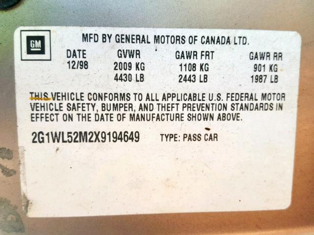 2G1WL52M2X9194649 - 1999 CHEVROLET LUMINA BAS GOLD photo 10