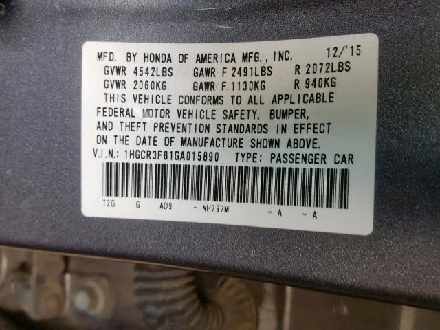 1HGCR3F81GA015890 - 2016 HONDA ACCORD EXL GRAY photo 10