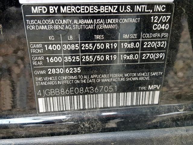 4JGBB86E08A367051 - 2008 MERCEDES-BENZ ML 350 BLACK photo 10