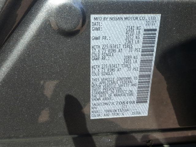 5N1AT2MV2JC708498 - 2018 NISSAN ROGUE SV GRAY photo 10