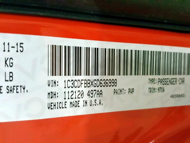 1C3CDFBBXGD636998 - 2016 DODGE DART SXT ORANGE photo 10