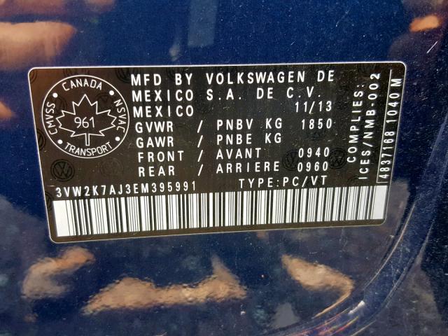 3VW2K7AJ3EM395991 - 2014 VOLKSWAGEN JETTA BASE BLUE photo 10