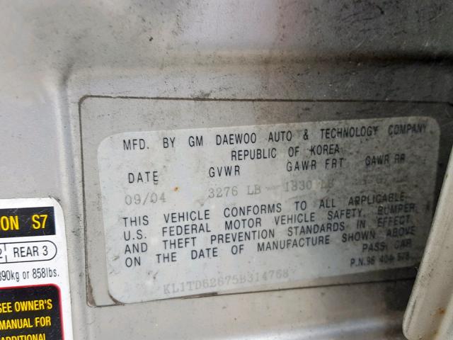 KL1TD62675B314768 - 2005 CHEVROLET AVEO BASE Boz foto 10